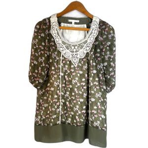 Cache Lace Bodice Garden Floral Print Cottage Core Blouse Sheer Sleeve Sz MD
